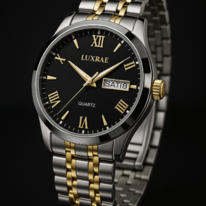 Silver and gold luxury watch with black dial – Luxrae Obsidian Timepiece