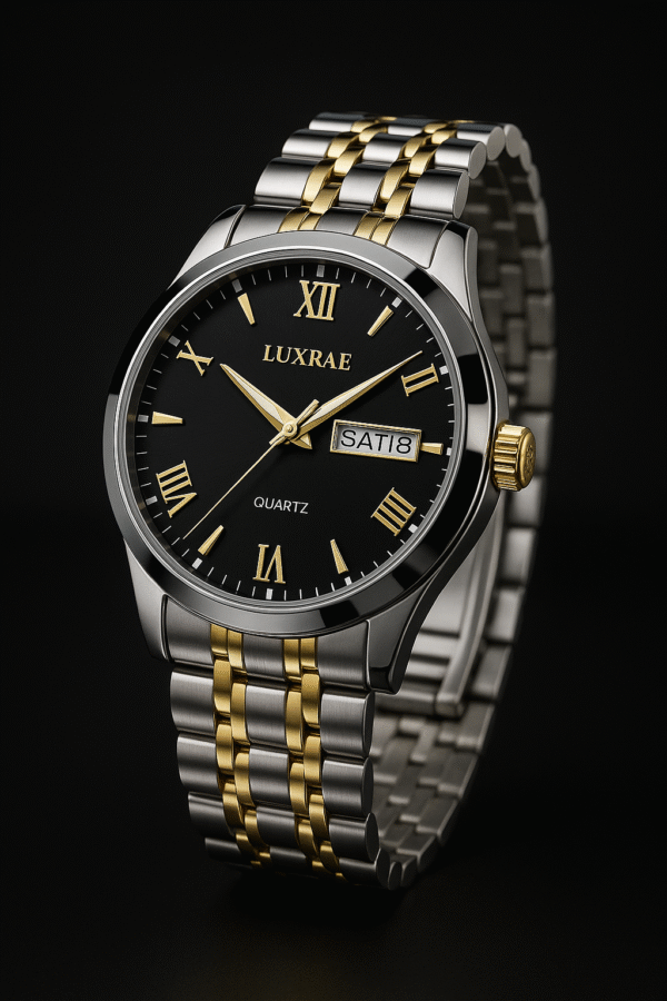 Silver and gold luxury watch with black dial – Luxrae Obsidian Timepiece