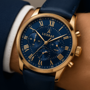 Luxrae Aureus Blue — Gold-Tone Multifunction Watch (24-Hour + Day/Night)