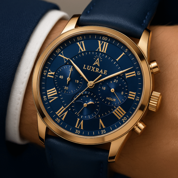 Luxrae Aureus Blue luxury men’s chronograph watch with navy dial, rose gold case, and leather strap