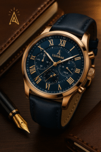 Luxrae Aureus Blue luxury men’s chronograph watch with navy dial, rose gold case, and leather strap