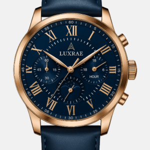 Luxrae Aureus Blue – Rose Gold Chronograph Moonphase men’s watch with navy dial and leather strap